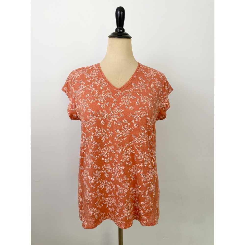 GARNET HILL Knit Floral TOP T-Shirt Large Lace Short Sleeve Organic Cotton Tee